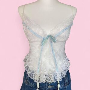 Vintage 80s Lace Corset Lingerie with Blue Ribbon
